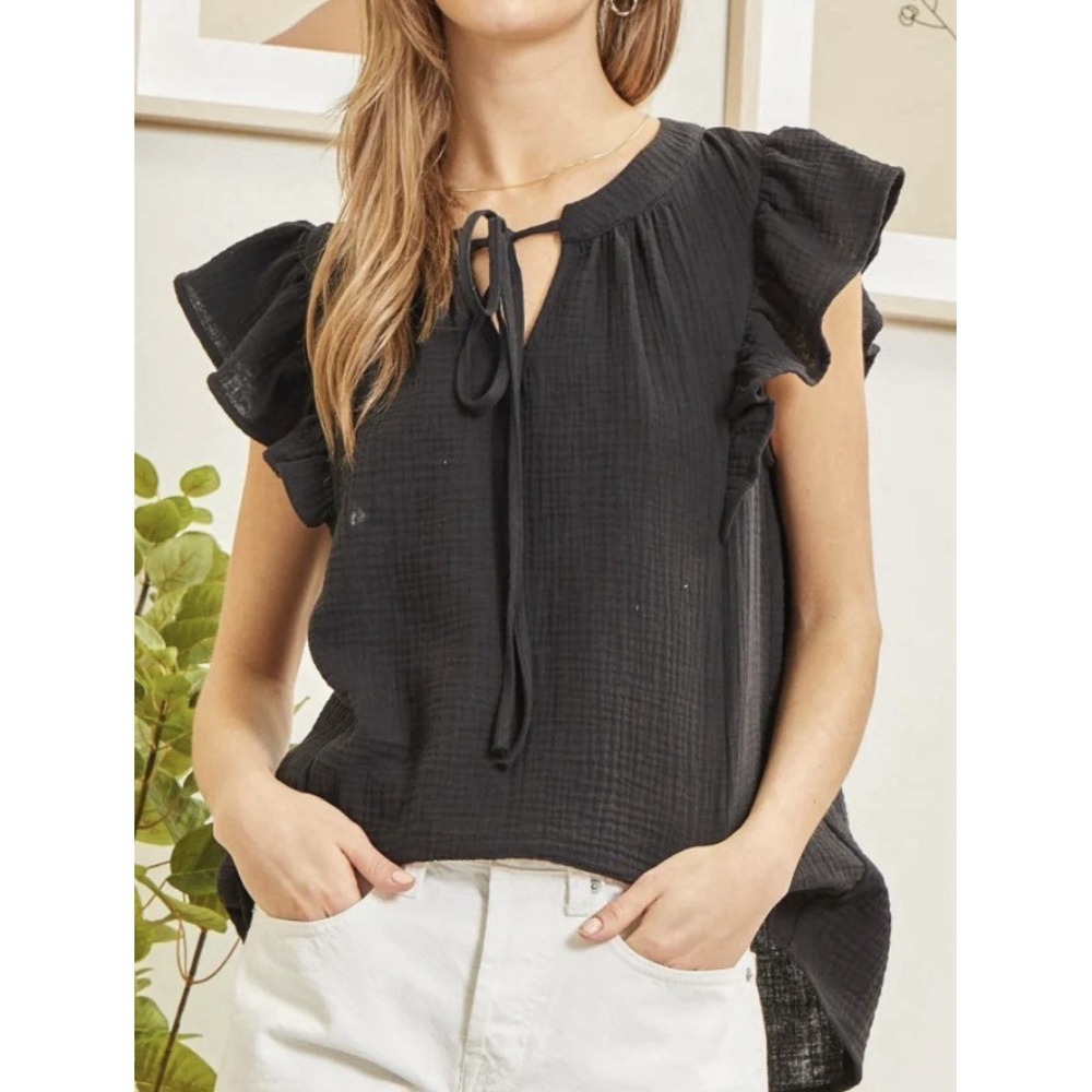 Andrée Unit Blouse Women's M Black Short Sleeve Casual Career Top‎ Shirt Boho